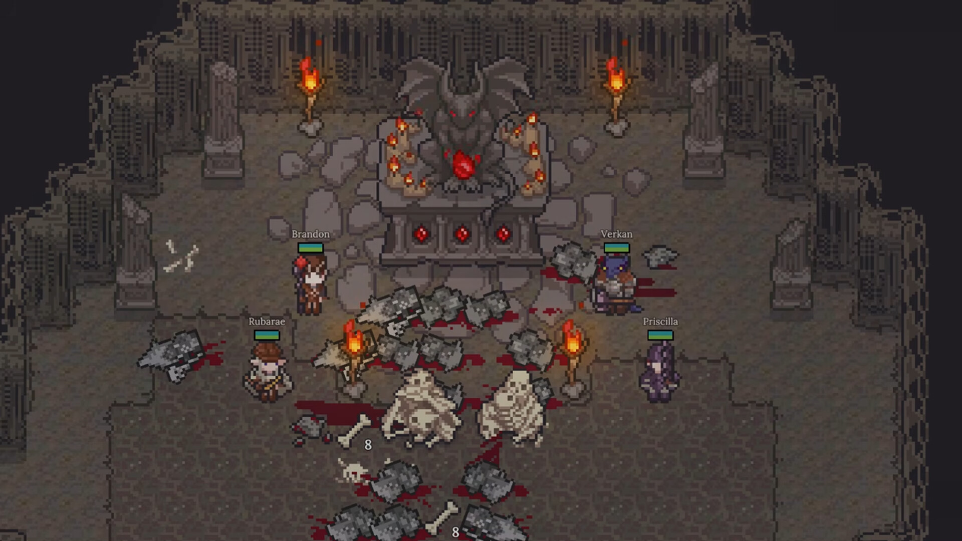 A four-settler party fighting in a torchlit dungeon boss chamber, in front of a demon idol and a floor strewn with bones