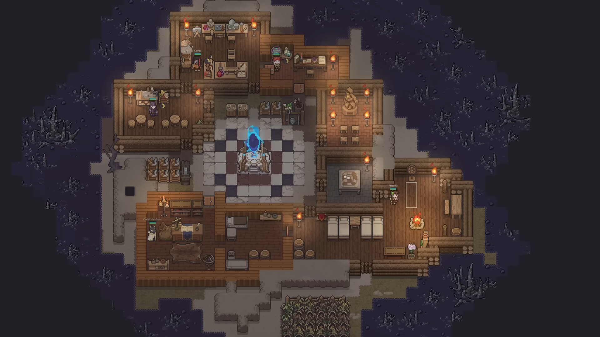 The Dungeon Settlers settlement at night: timber halls and workshops lit by torches around the blue portal at its centre