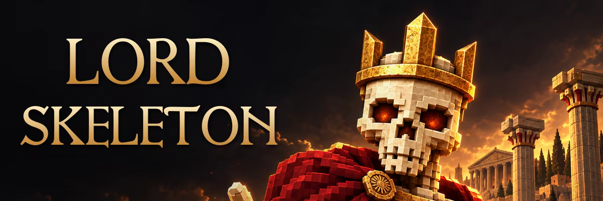 Lord Skeleton, a crowned voxel skeleton in a red cape, stands before an ancient city beneath the Lord Skeleton logo.