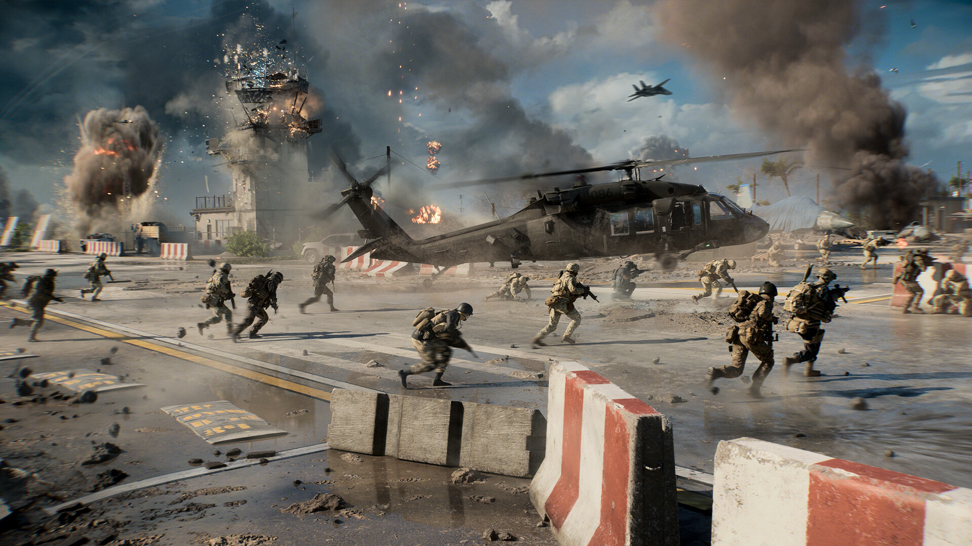 Capture officielle de Battlefield 6 : un hélicoptère survole une zone de combat