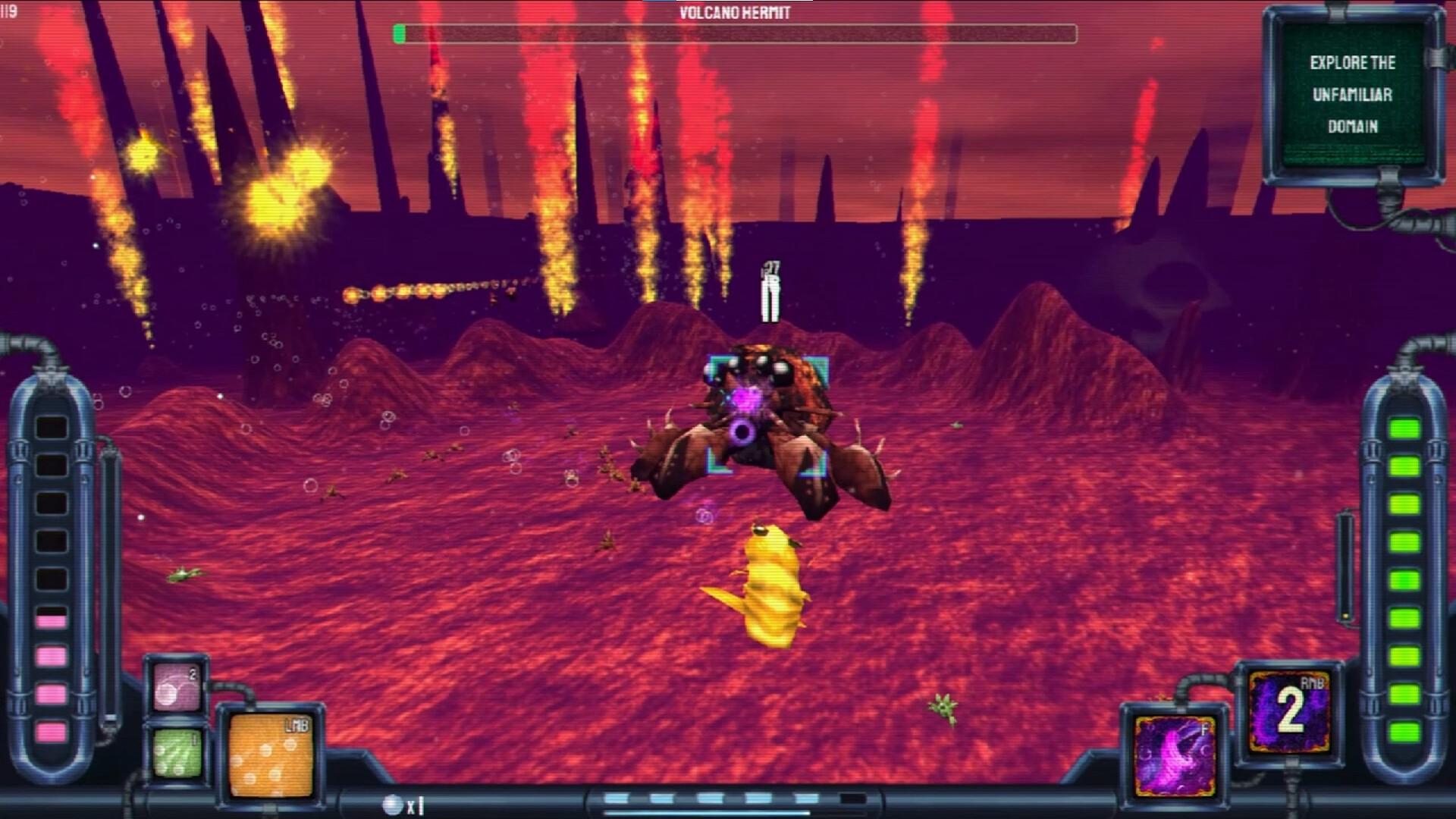 SHRIMP GAME OVERKRILL 公式スクリーンショット 火山を根城にするボス VOLCANO HERMIT との戦闘
