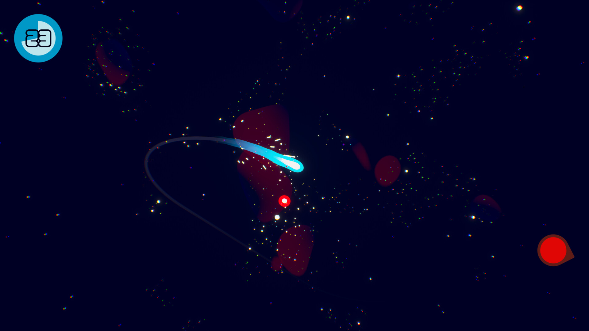 A cyan comet with a long curving trail passes a red star in deep blue space dotted with small stars, with a countdown timer in the top-left corner