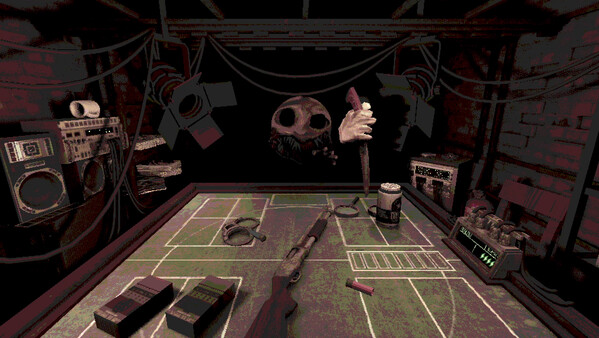 Screenshot of Buckshot Roulette gameplay showing in-action mechanics