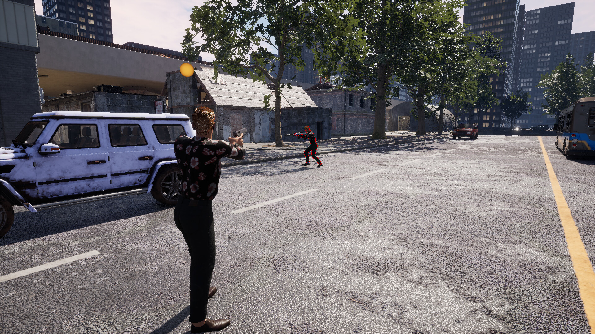 The image shows a city street scene with two characters facing each other in a standoff, each aiming a gun. The character in the foreground is wearing dark pants and a floral-patterned shirt, standing near a white SUV parked on the left side of the street. The second character, dressed in a dark outfit with red highlights, is positioned further down the road, near some trees and old brick buildings. In the background, tall modern buildings rise above the scene, and a few other vehicles, including a bus and a red car, are visible along the street. The lighting suggests it is either morning or late afternoon, with shadows cast on the ground.