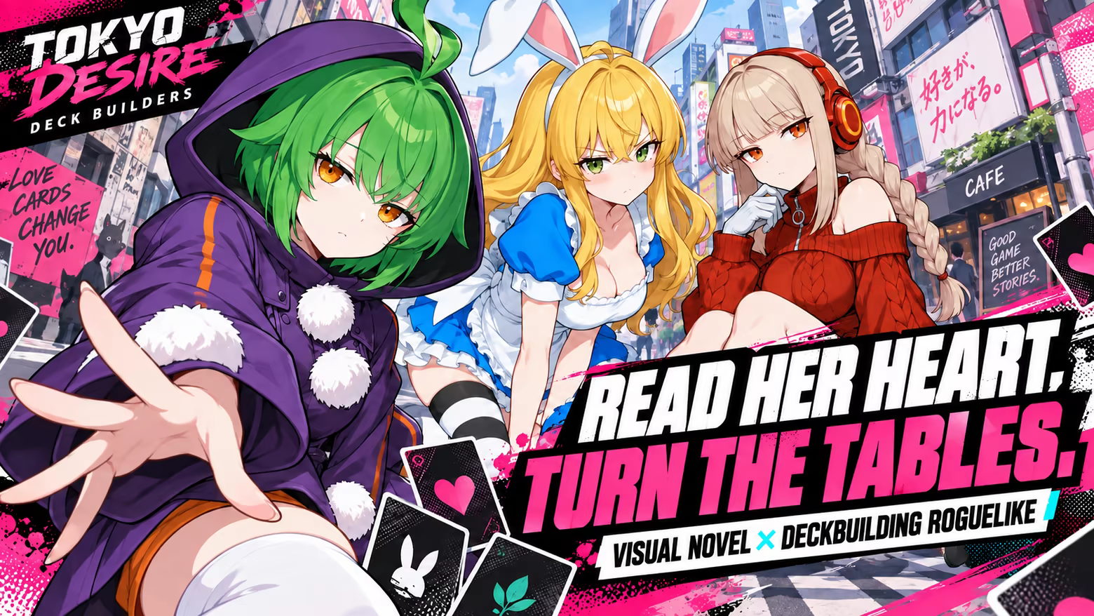 Nagi, Alice, and Misuzu on a Tokyo street. Read her heart. Turn the tables. Visual novel × deckbuilding roguelike.