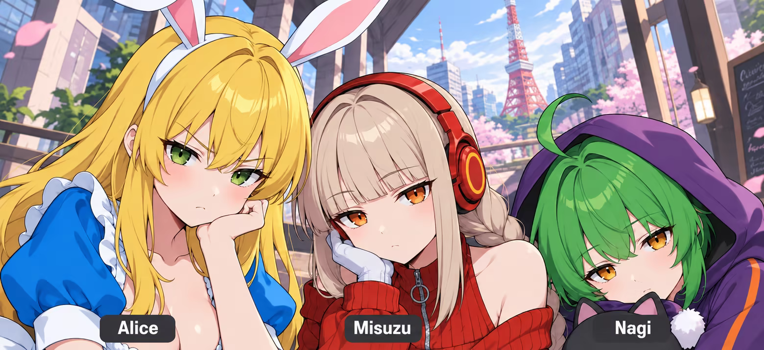 From left to right: Alice, Misuzu, and Nagi, with white names on dark gray labels beneath each heroine.