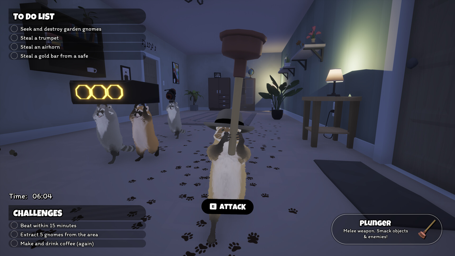 Raccoons in a room with mission and challenge controls in Dumpster Gang