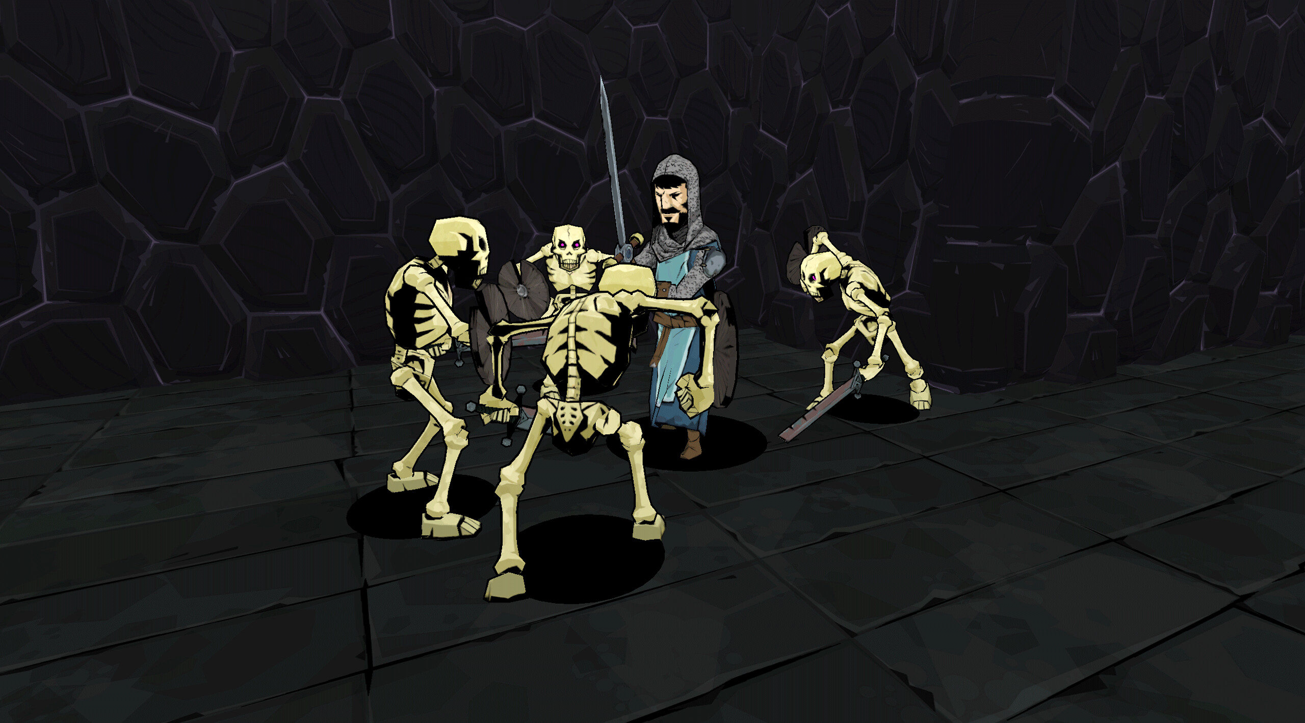 Underworld Overseer screenshot shows skeletons surrounding a human warrior