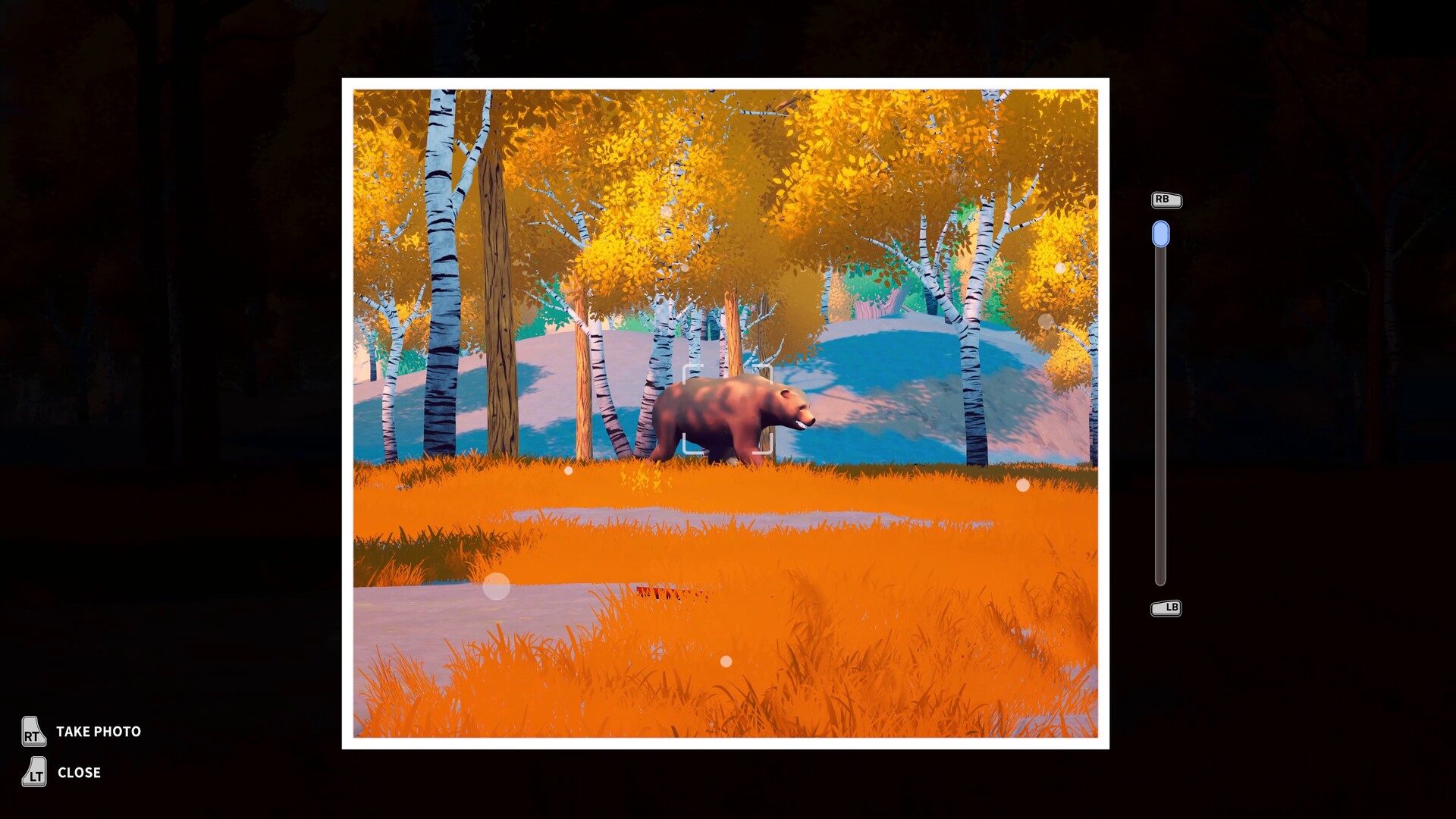 A bear among autumn trees, framed through the in-game camera viewfinder.