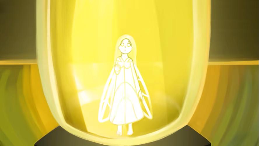 Fairy trapped in lantern, sadly looking at viewer.