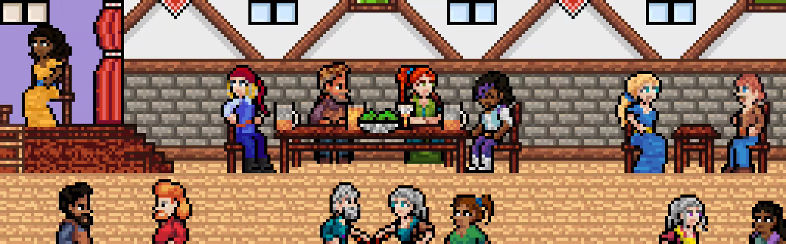 A cozy pixel art tavern scene, featuring a gorup of four friends sitting at a table together. One character at the table is looking over her shoulder. Another is listening intently as his friends nearby, two women, share a laugh.