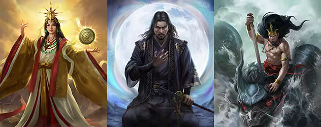 An image depicting the Japanese gods, Amaterasu, Tsukuyomi, and Susanoo