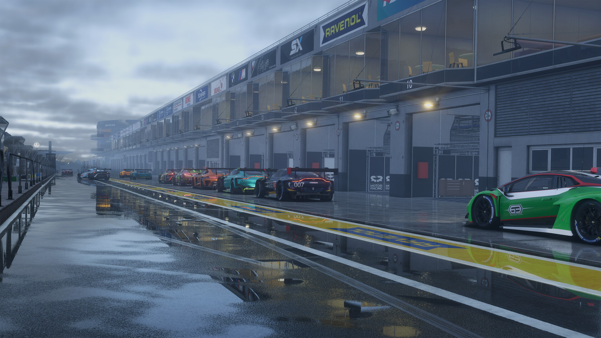 Software developer analyzing performance graphs and bug-tracking data on multiple monitors in a sim racing studio