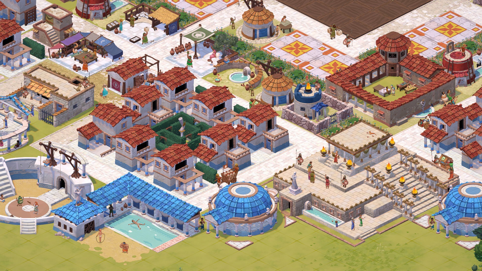 Dense homes and services connected by streets in Theos