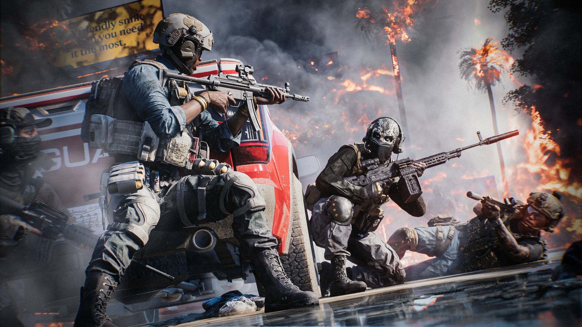 A squad holds cover behind a burning vehicle while laying down suppressing fire. Image: Electronic Arts.