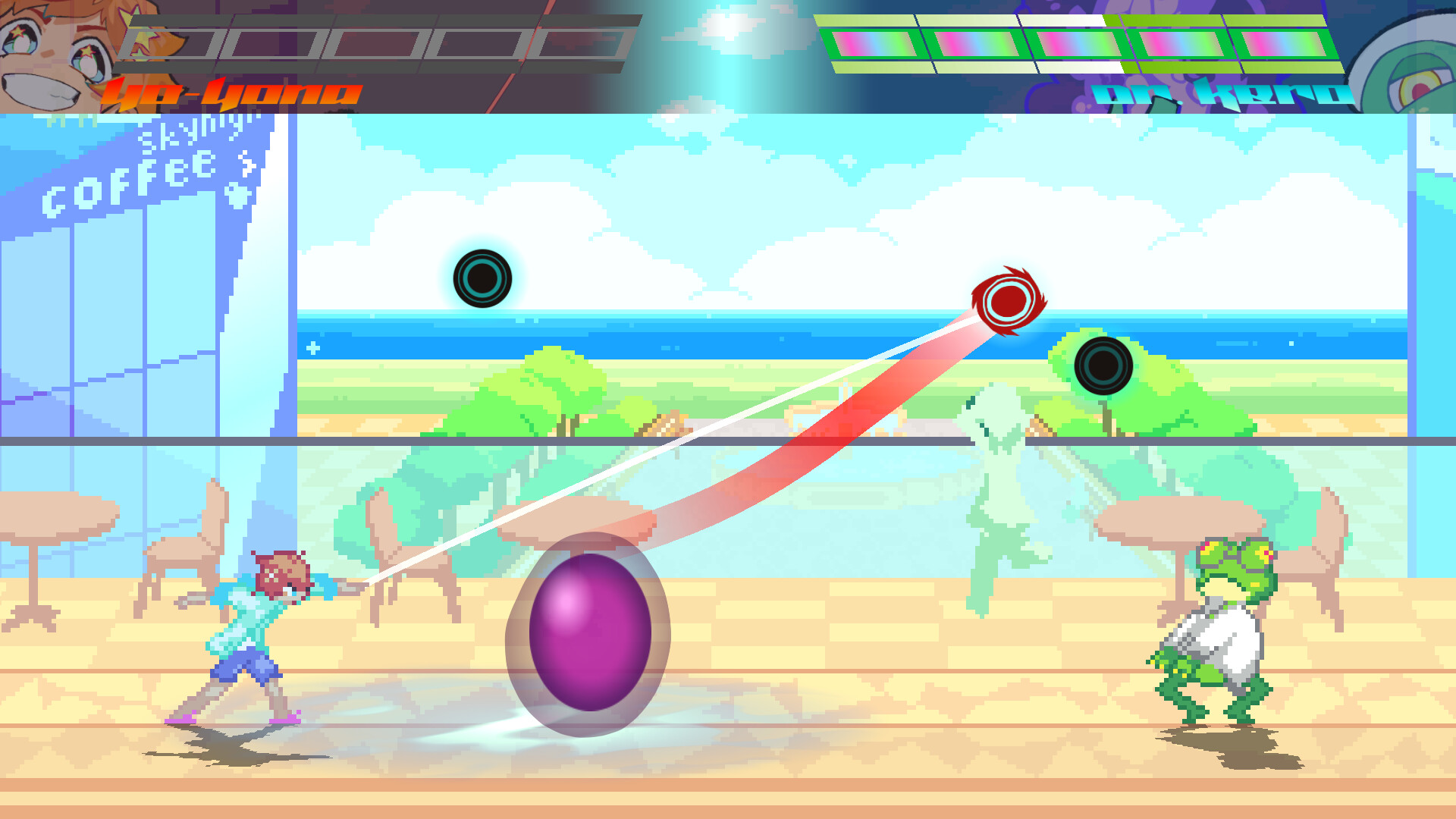 Official HYPERFIGHT 2 screenshot: Yo-Yona whips a red yo-yo across a seaside cafe terrace toward Dr. Kero, a frog doctor in a white lab coat (Steam)