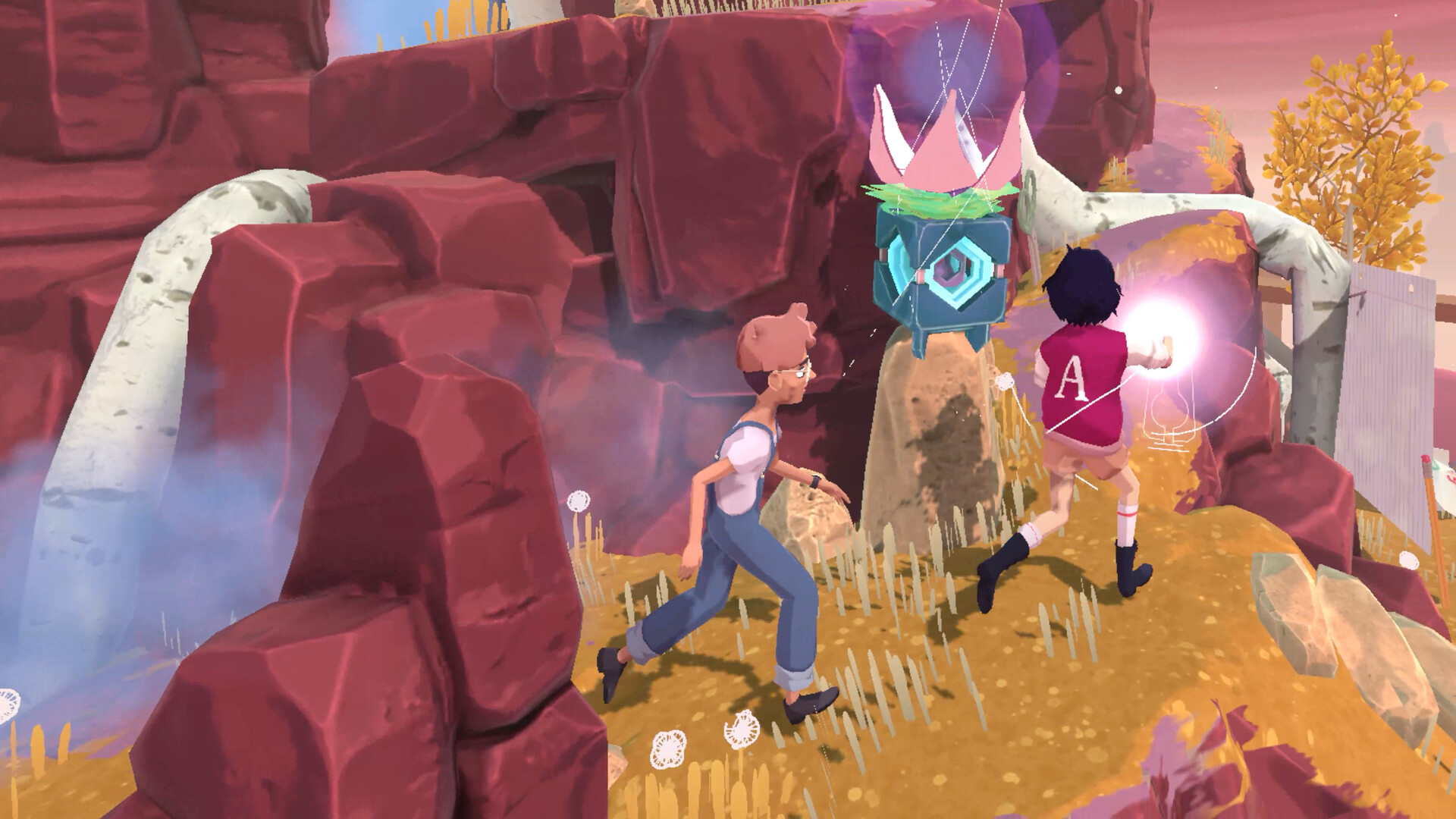 Two animated characters in a stylized outdoor environment with glowing orb and geometric object