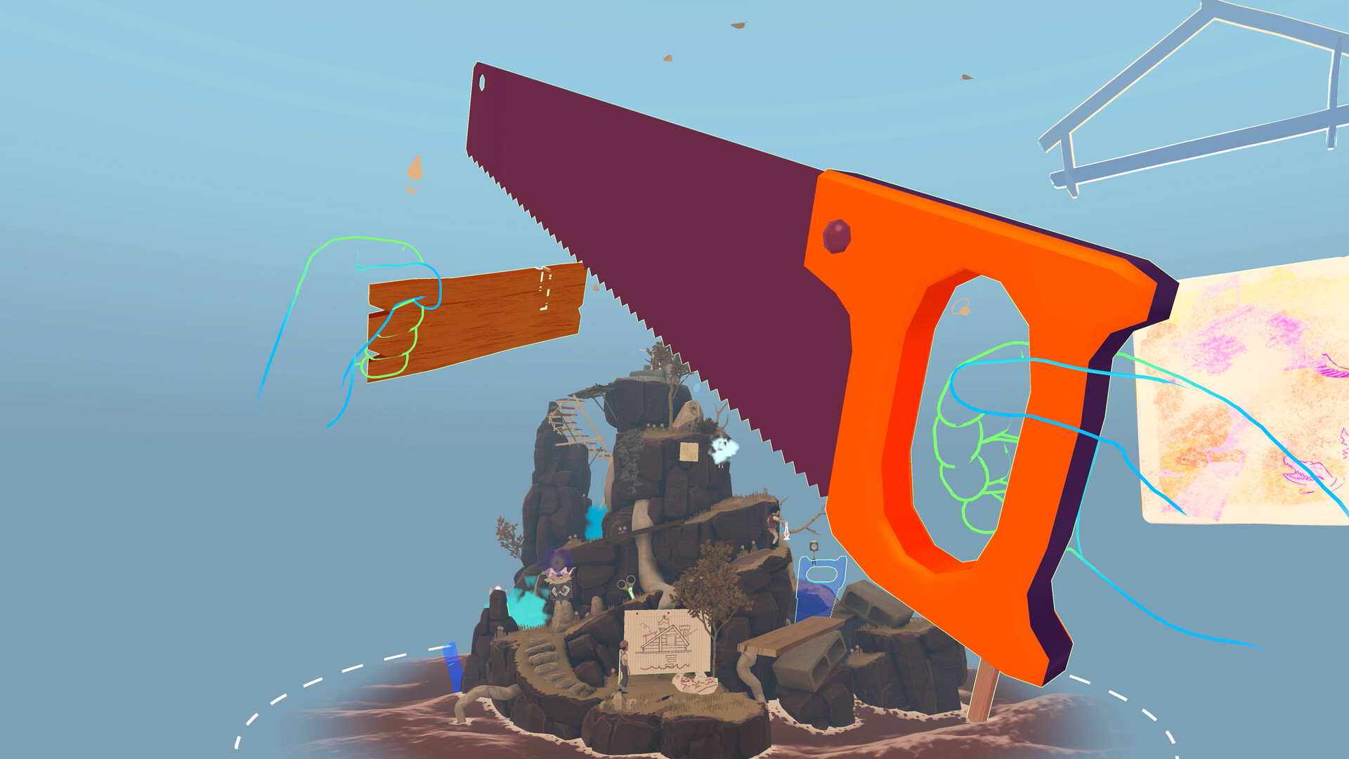 Virtual handsaw cutting wood in a digital environment