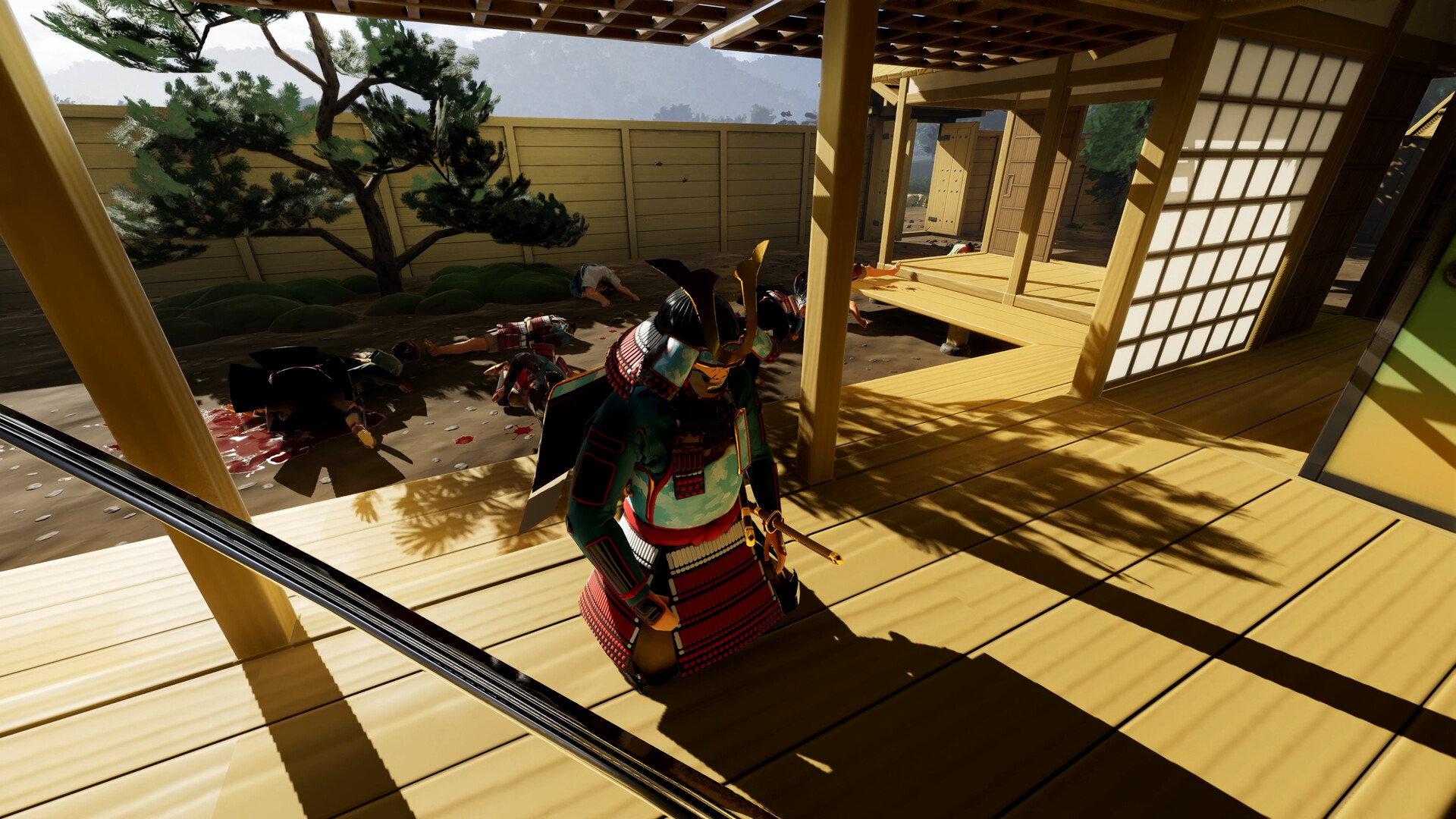 『Warlord: Awaji』公式スクリーンショット、一人称視点で屋敷の縁側に立つプレイヤーキャラクター。庭には倒れた敵兵の姿が見える
