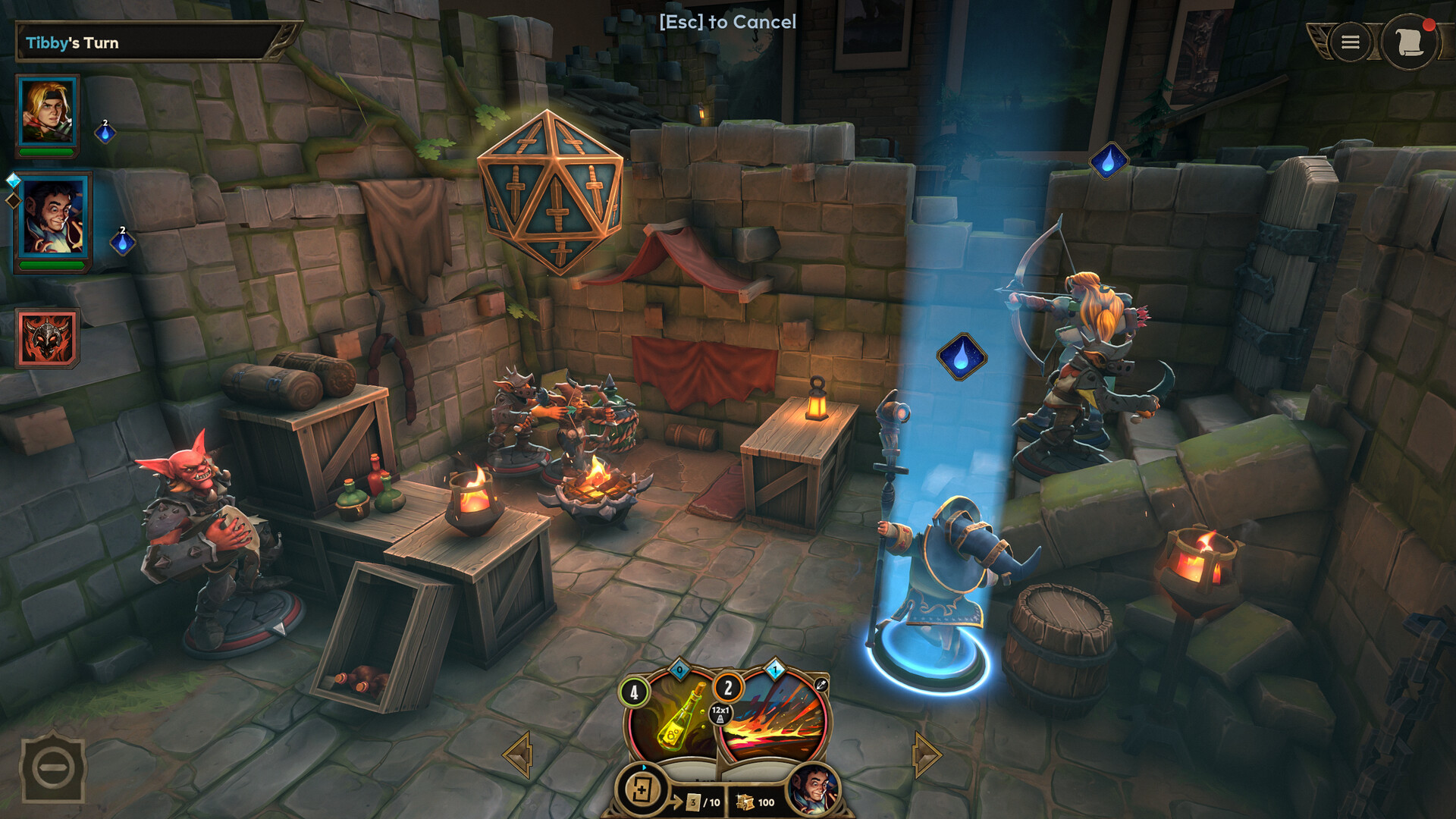 Battlemarked's flatscreen interface, with hero portraits down the left, a card hand at the bottom, a d20 over a goblin camp and the prompt Esc to Cancel across the top