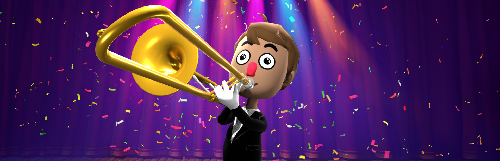 Key art for Trombone Champ: Unflattened showing a suited character playing trombone under stage lights and confetti