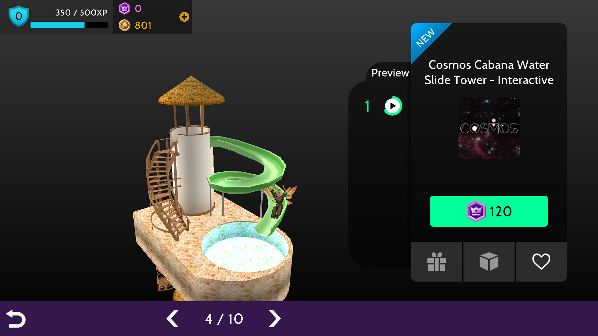 The image shows a 3D digital model of a water slide tower named 'Cosmos Cabana Water Slide Tower - Interactive.' The structure consists of a cylindrical tower with a thatched roof supported by wooden poles, a spiral staircase wrapping around the tower, and a green water slide that curves down into a small circular pool at the base. A character with fairy-like wings is depicted sliding down the water slide. The screen interface indicates this item is new, priced at 120 purple crown tokens, and it appears to be part of a selection menu, with navigation arrows showing it is item 4 out of 10. User experience points and coins are displayed at the top left.
