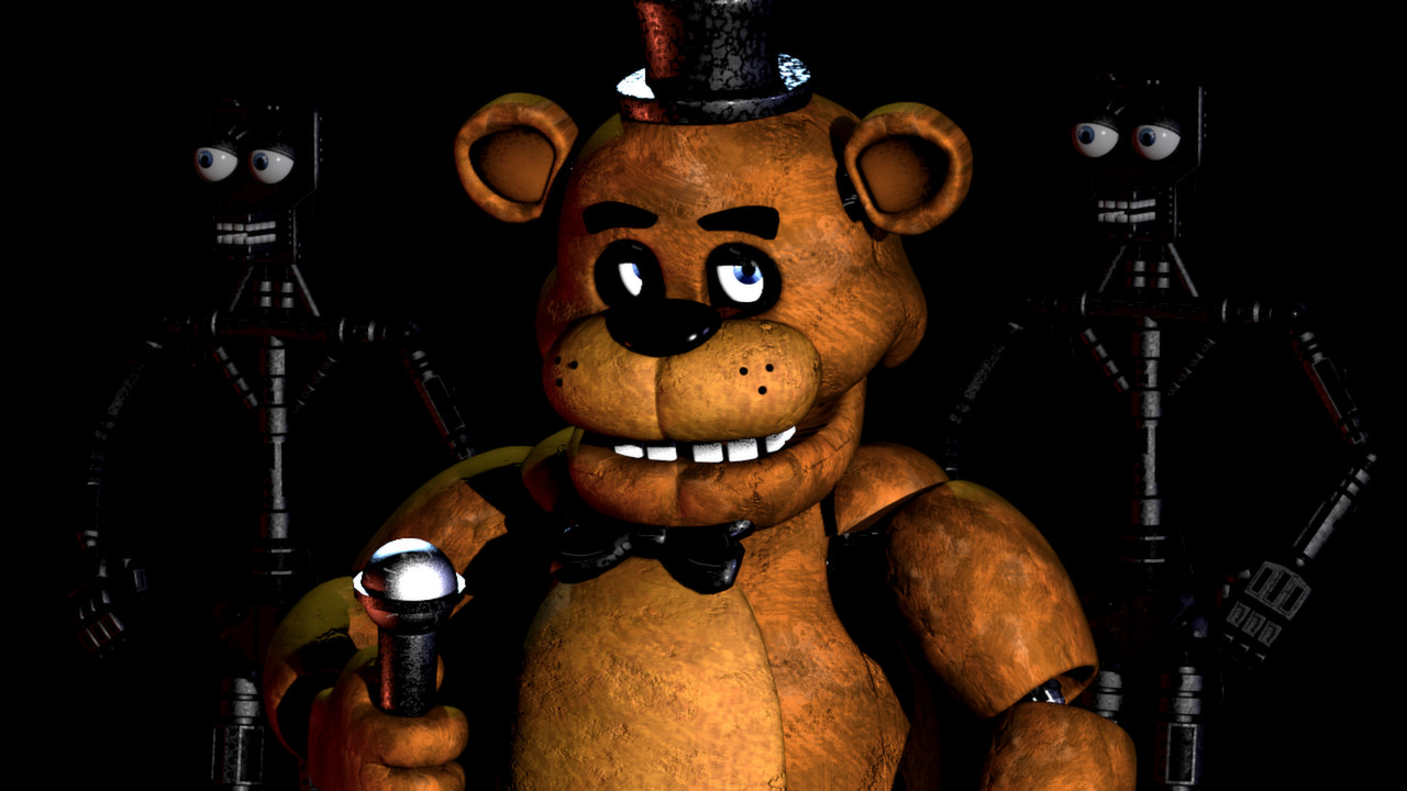 Screenshot oficial de Five Nights at Freddy’s (FNAF 1) com Freddy Fazbear em destaque nas câmeras