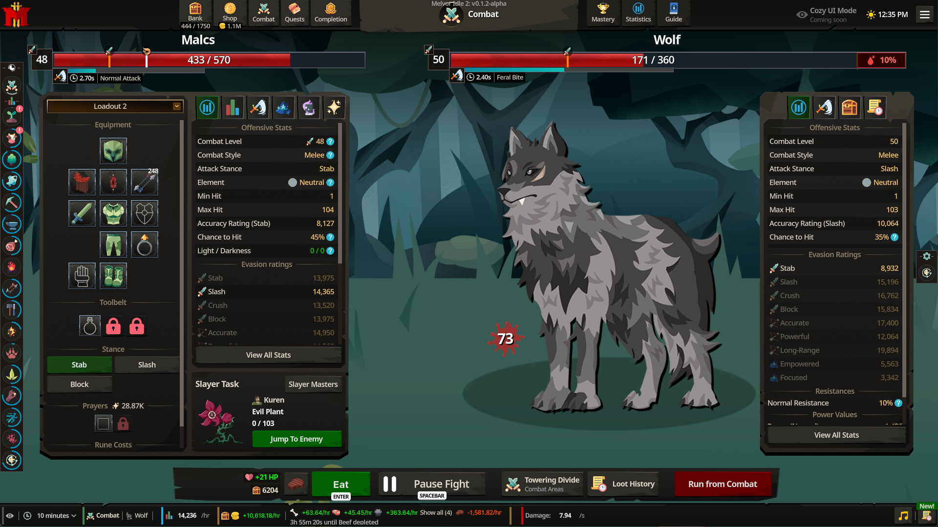 A wolf encounter with combat statistics and equipment panels in Melvor Idle 2