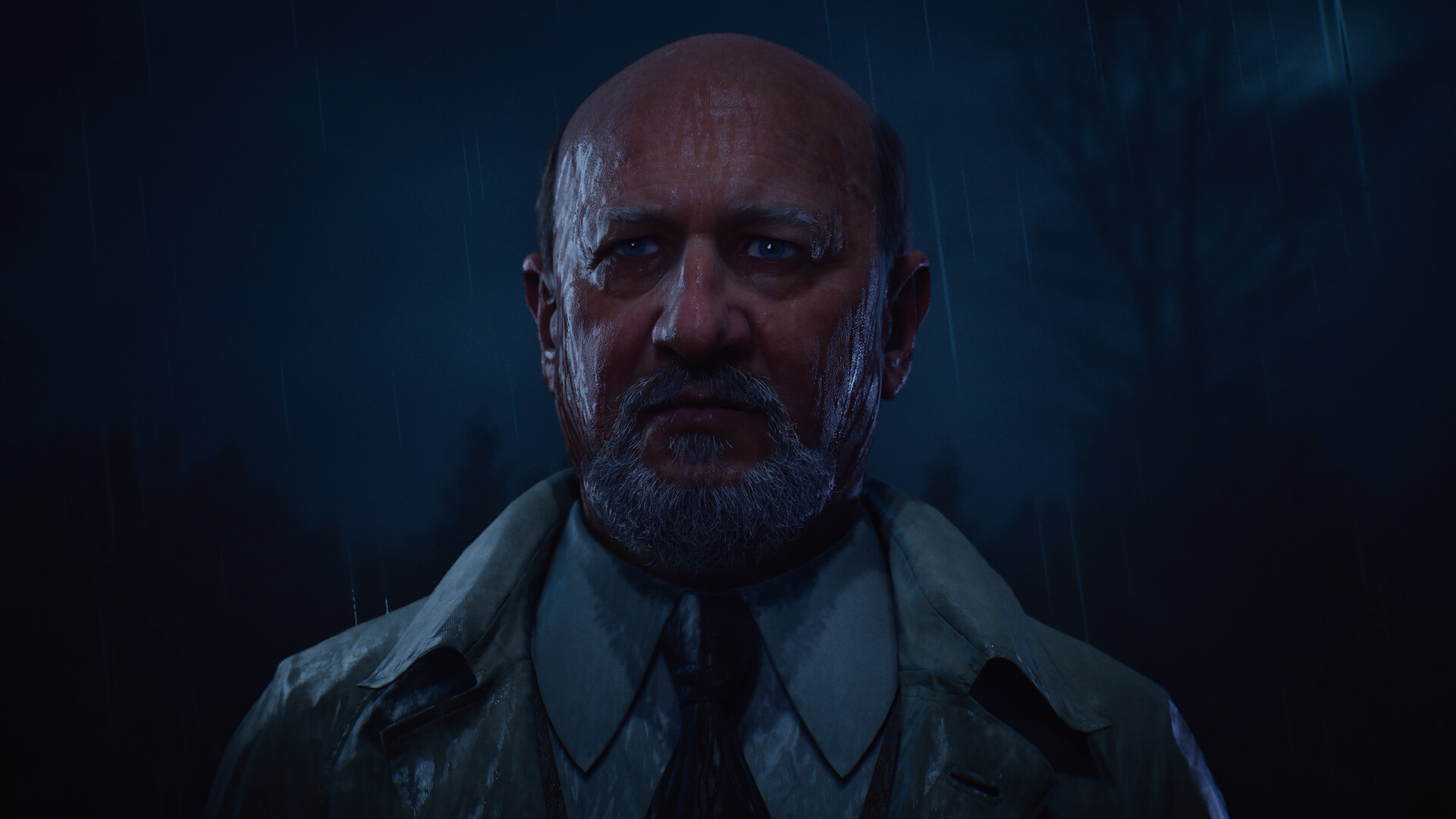 Halloween: The Game 公式スクリーンショット 雨の中で緊迫した表情を見せる住民キャラクター