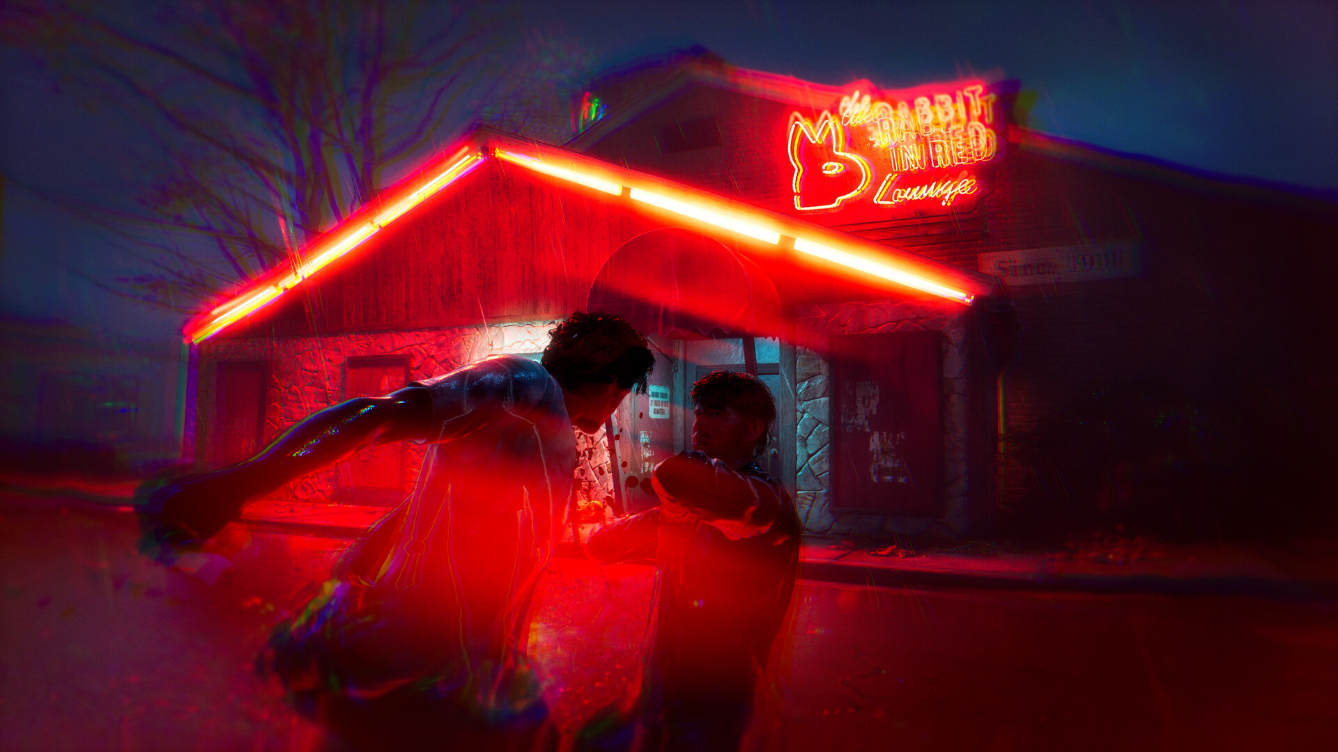 The Rabbit in Red Lounge, a deep-cut reference from the 1978 film, anchors the maps roadside stretch. Screenshot: IllFonic