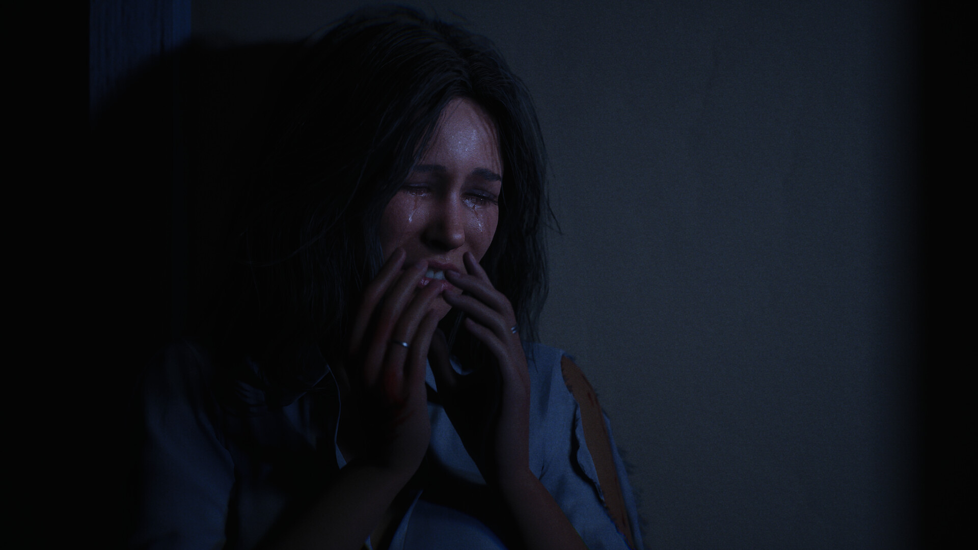 Halloween: The Game 公式スクリーンショット 涙を流し恐怖に怯える生存者キャラクター
