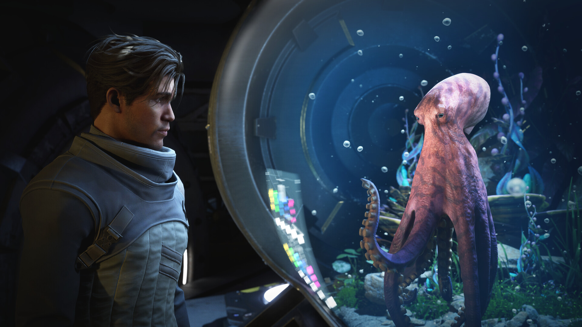 EXODUS companions accompanying Jun through a sci-fi environment