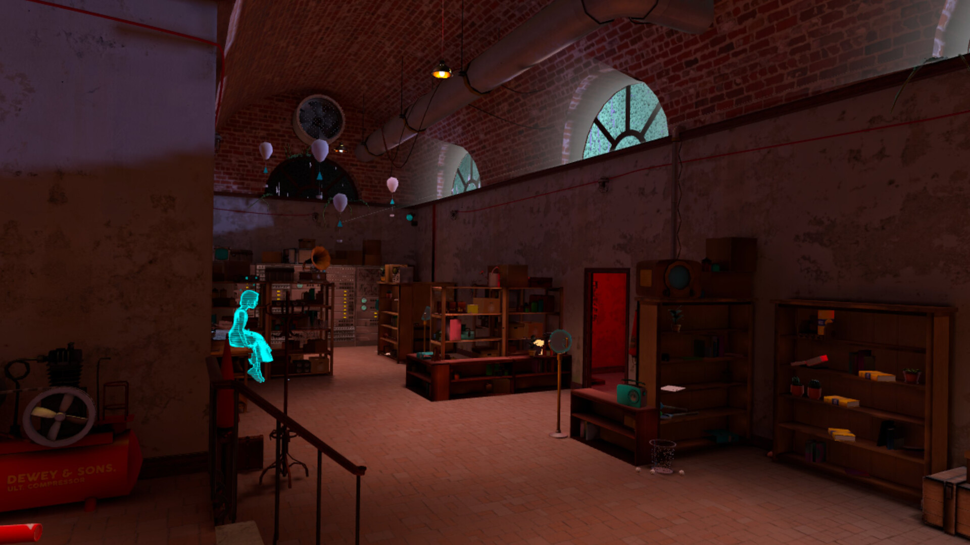 The vaulted brick workshop in Amelia's Escape, lit by a single hanging lamp, with shelving, lab equipment, and a red door at the far end