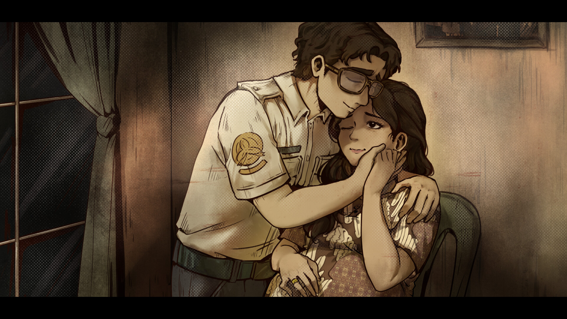 『1998: The Toll Keeper Story』公式スクリーンショット 夫に抱き寄せられる主人公デウィを描いたイラスト調のカットシーン