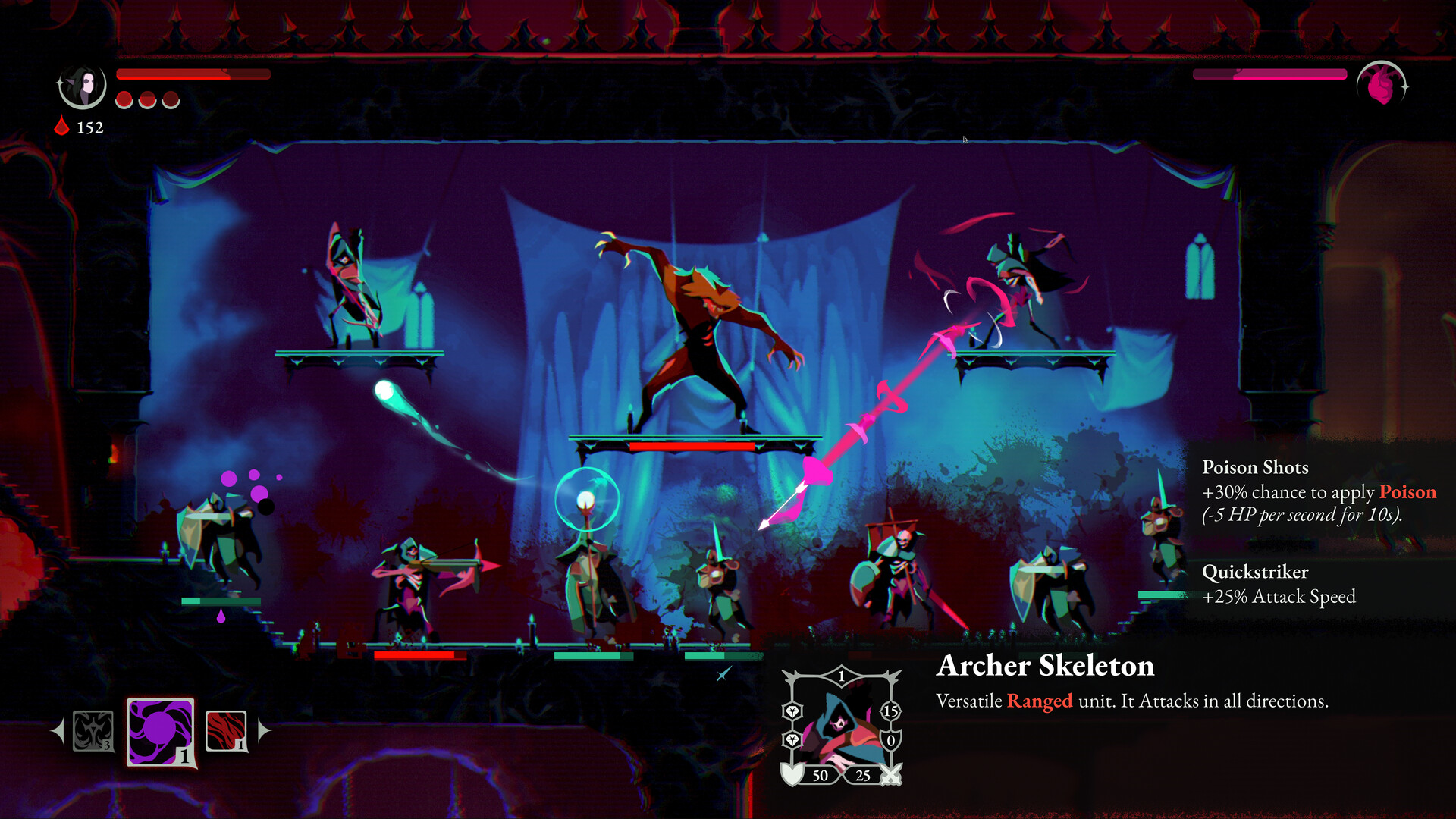 A siege in ReVamp: skeleton archers and shield-bearing invaders clash in a blue-lit hall while a werewolf leaps from a central platform