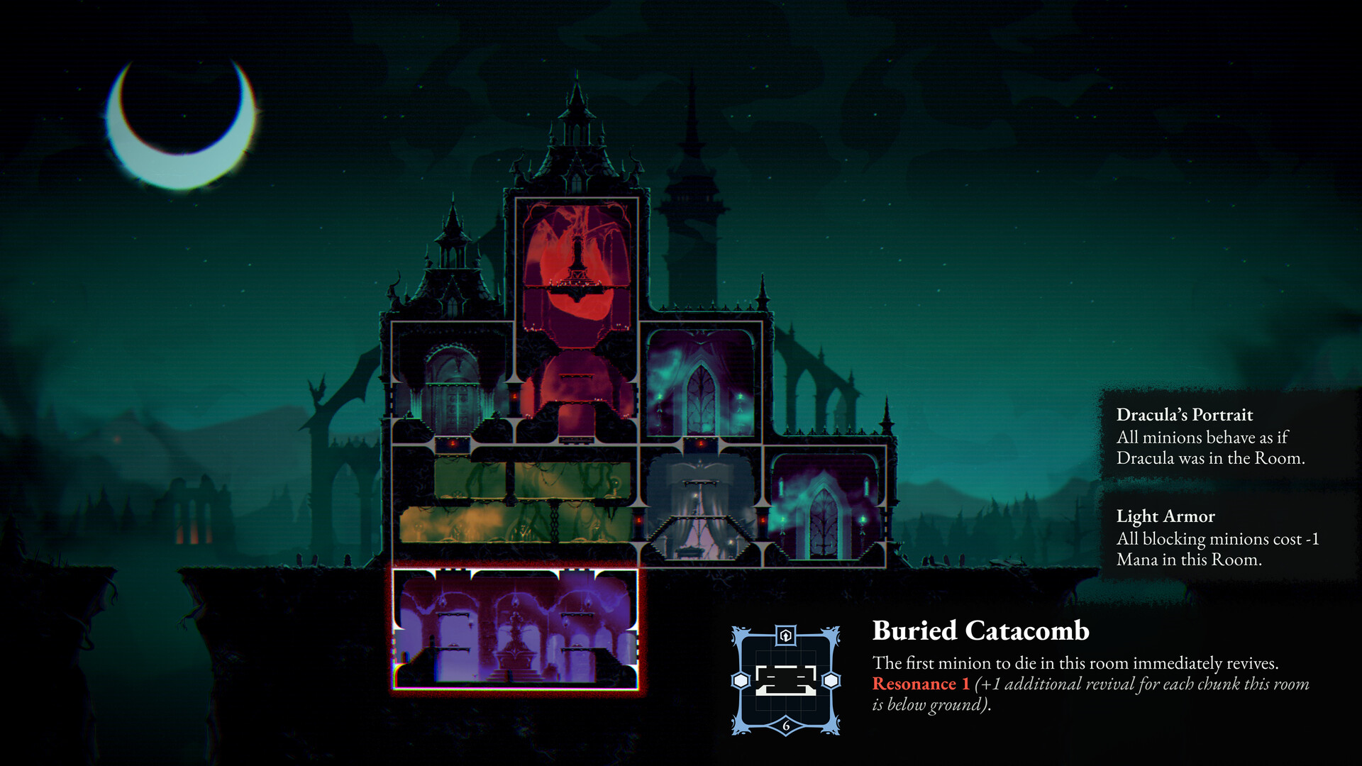 A cross-section of Dracula's castle in ReVamp, with rooms stacked above and below ground and the Buried Catacomb room highlighted