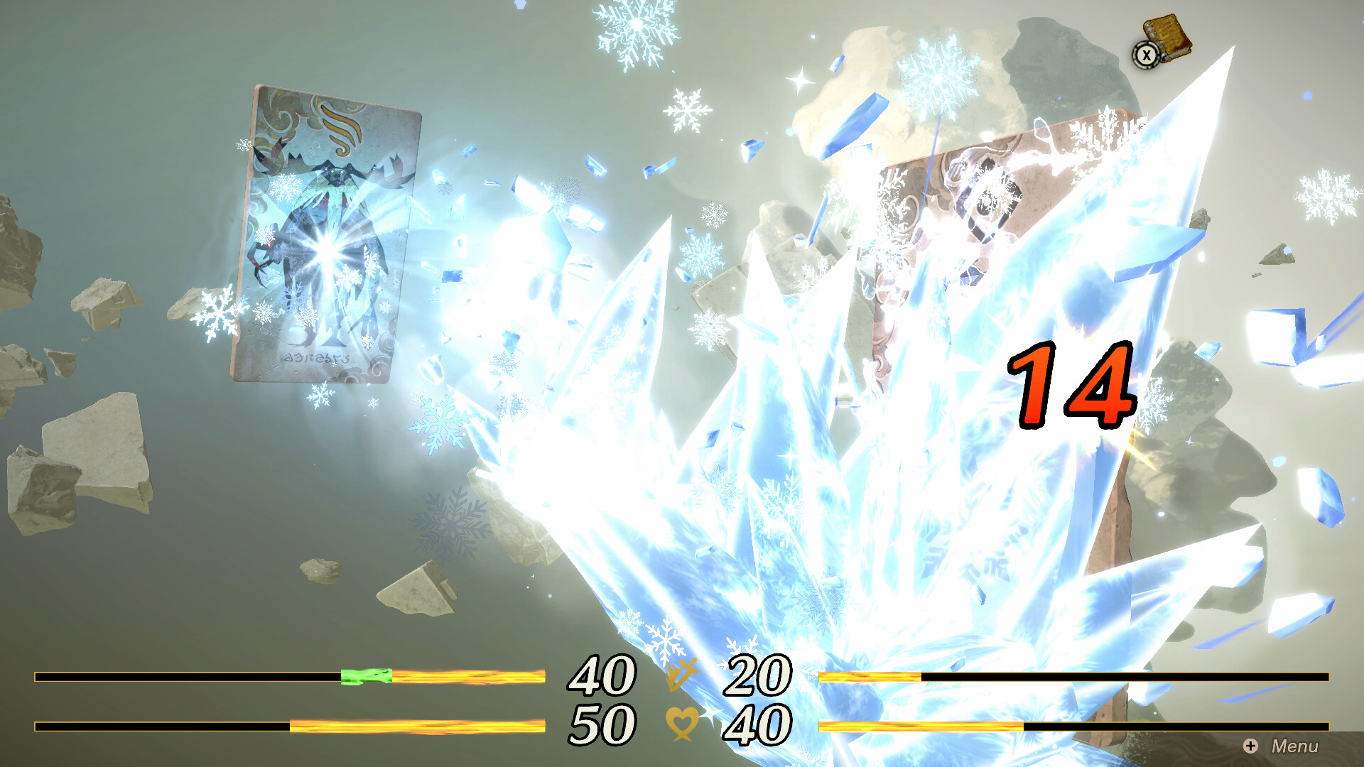 A battle animation in which a burst of ice crystals and snowflakes hits an opposing creature card, with attack and HP bars along the bottom