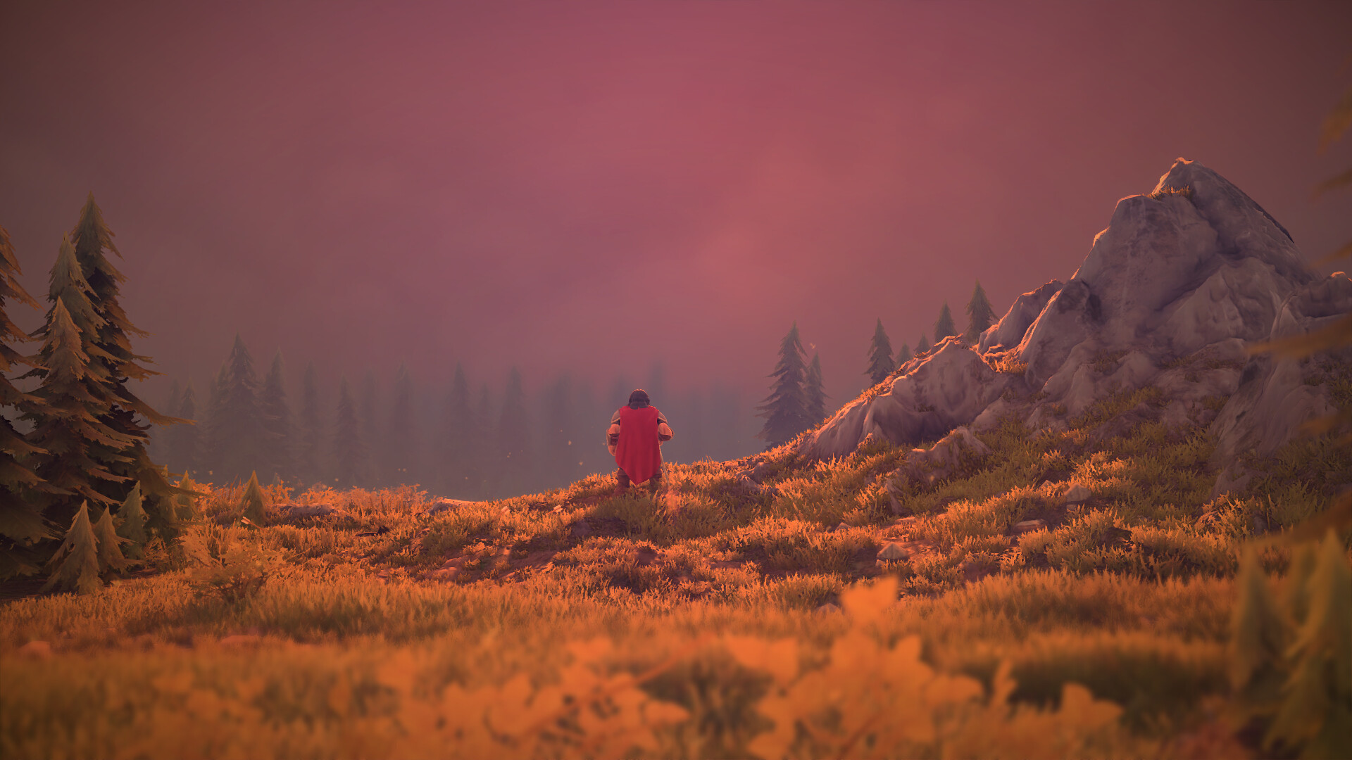 The image depicts a solitary figure standing on a gently sloping hillside covered with golden-orange grass and small bushes, illuminated by a warm, soft light that suggests either sunrise or sunset. The person is wearing a red cloak or cape and faces away from the viewer, looking toward a dense forest of tall, dark evergreen trees that fade into the misty background. To the right side of the scene, there is a large, rugged rock formation partially bathed in the same warm light, contrasting with the muted purples and pinks of the sky above, creating a tranquil and contemplative atmosphere.