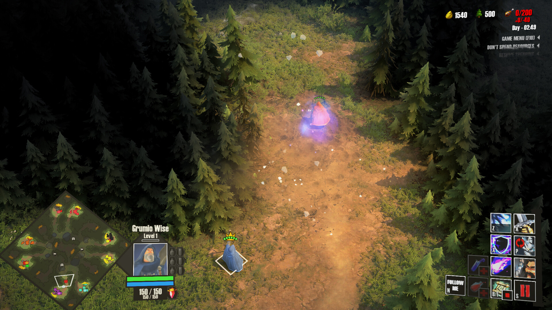 The image shows a top-down view of a forested path in a video game environment. Tall evergreen trees densely line both sides of a dirt path, which has patches of grass and scattered stones. Two characters are visible on the path: one in a blue cloak labeled 'Grumio Wise' near the bottom center, and another character bathed in a purple glow further up the path. The game's user interface displays a mini-map in the lower-left corner, character stats including health and level, and various ability icons on the lower right. Resource counts and game time details are shown in the upper right corner.