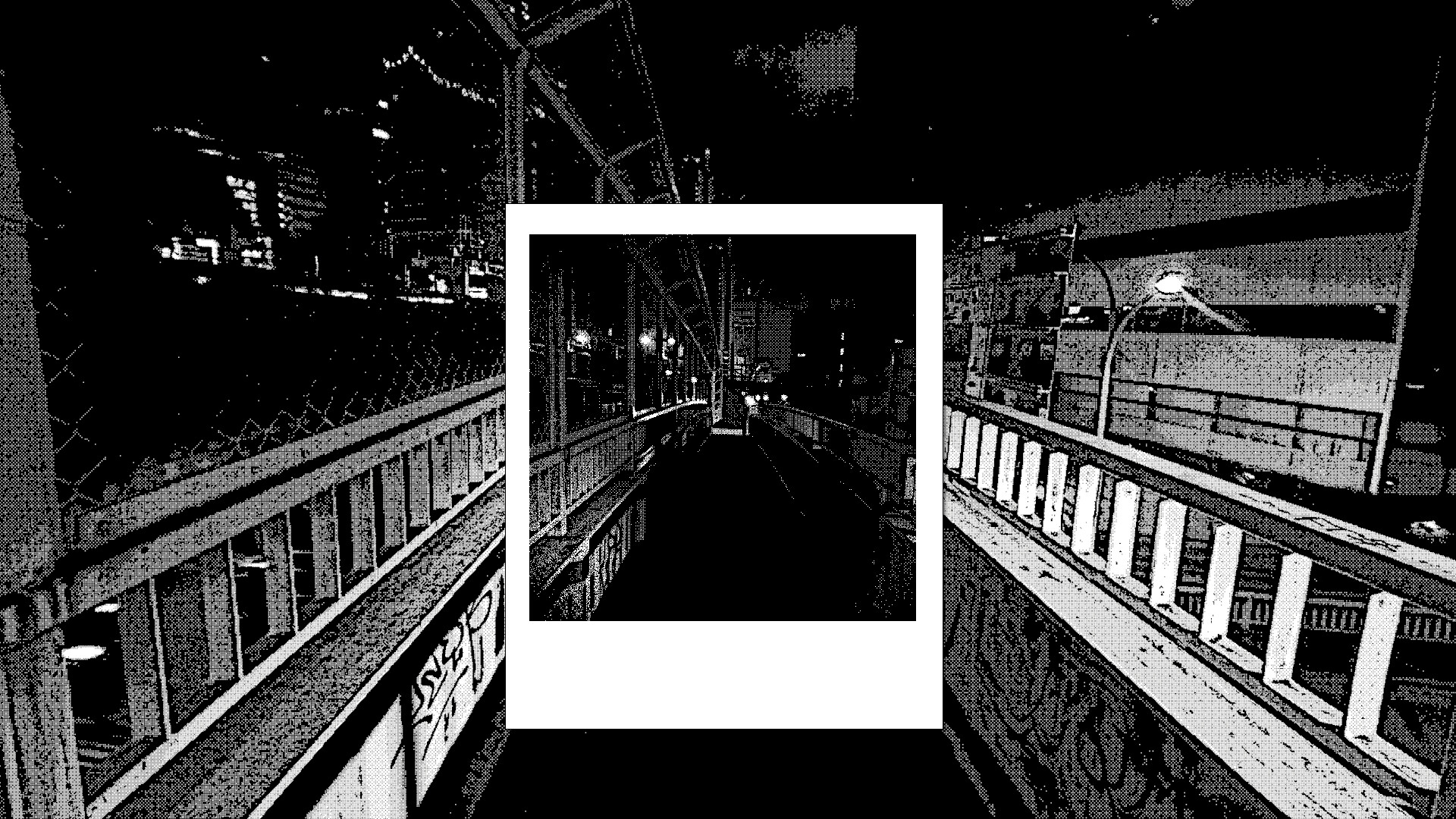 『新宿異変』の撮影画面。白黒の夜の歩道橋の上に、撮ったばかりのインスタント写真が重ねて表示されている