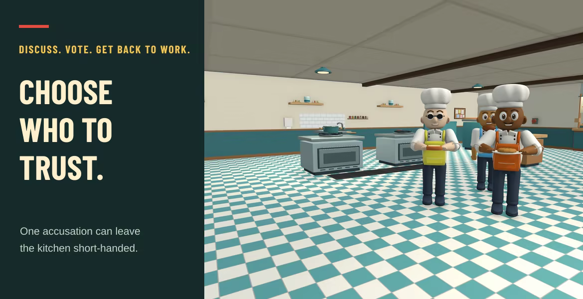 Three real game chefs posed in-engine for promotional artwork. This represents trust and suspicion; it is not a gameplay meeting screenshot.