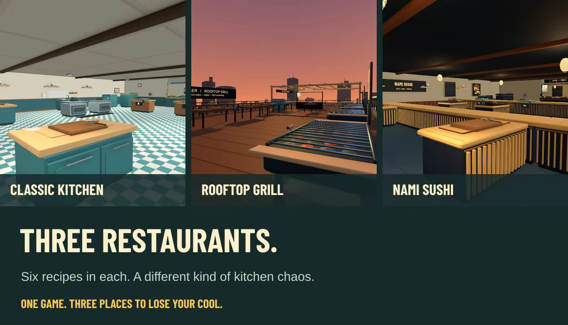 Classic Kitchen, Rooftop Grill and Nami Sushi: three restaurants selectable within the same game, with six recipes in each.