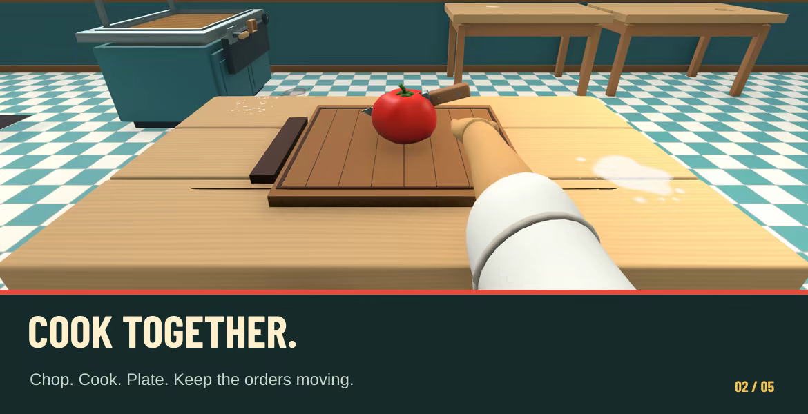 First-person tomato chopping at a real Kitchen Traitor workstation.