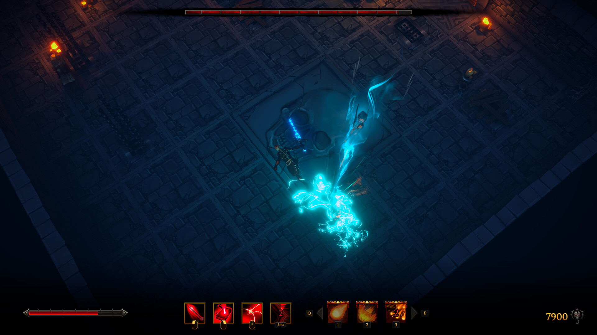 Tome of the Damned top-down combat in a dark dungeon