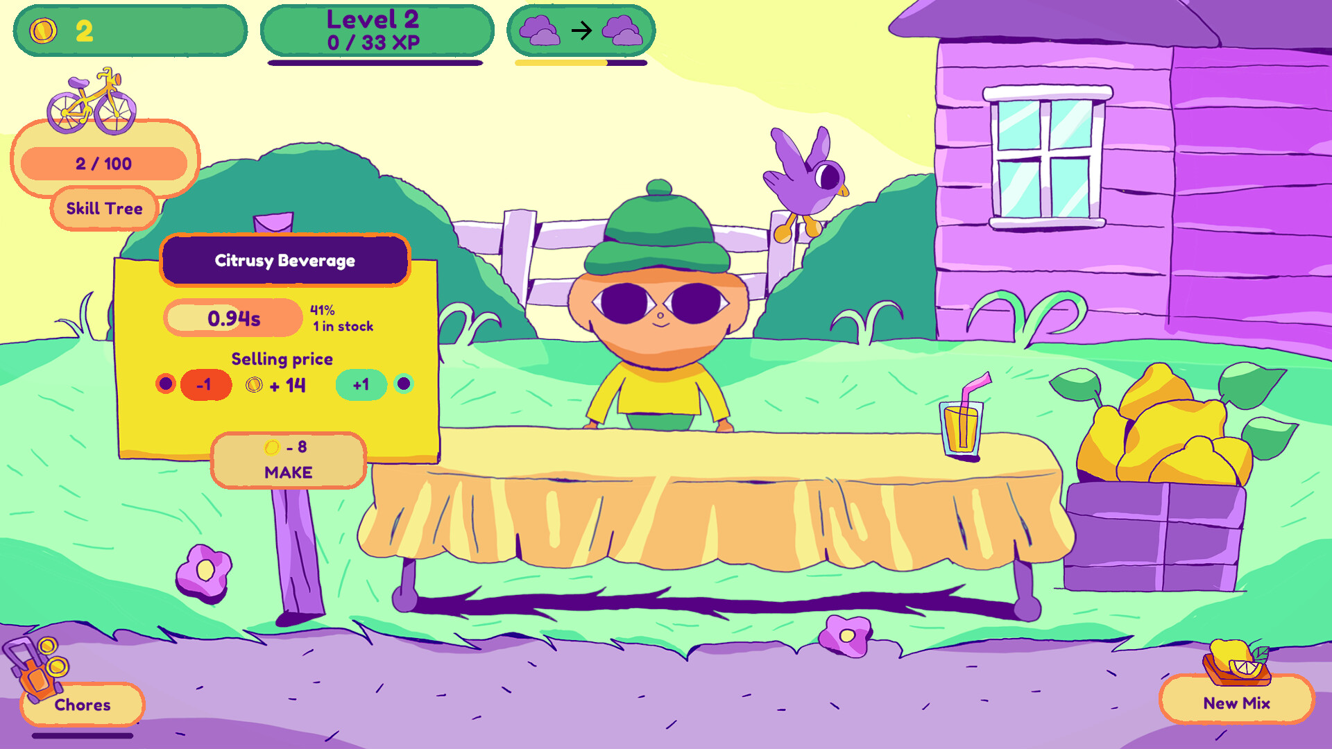 『Lemonade Apocalypse』の序盤の画面。紫の家の前でサングラスの子どもがレモネードの屋台に立ち、左側に販売価格を上げ下げするボタンとMAKEのボタンが並んでいる