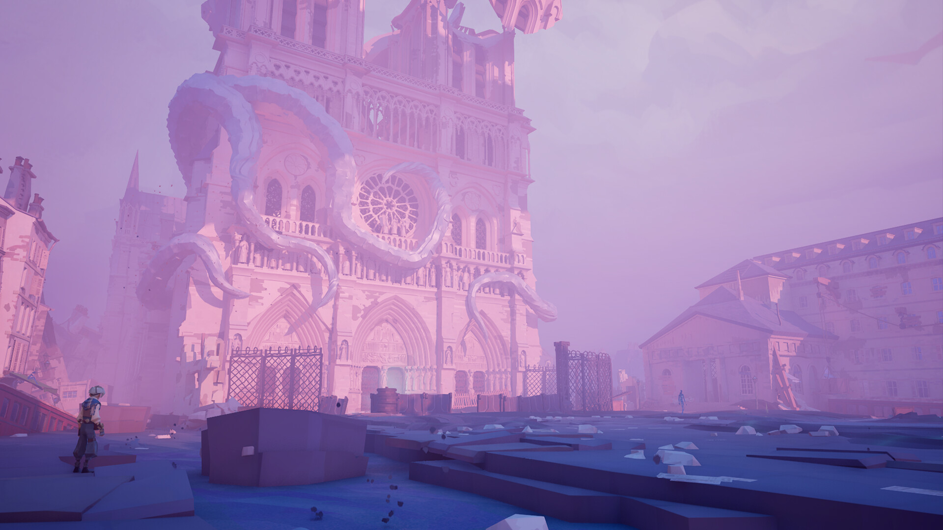 Wonderfall screenshot showing 1920s Paris being consumed by sand and entropy