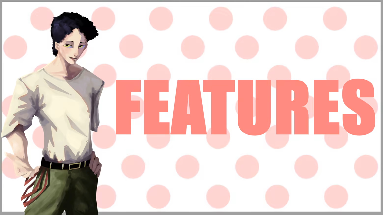 Theo stands next to "FEATURES"