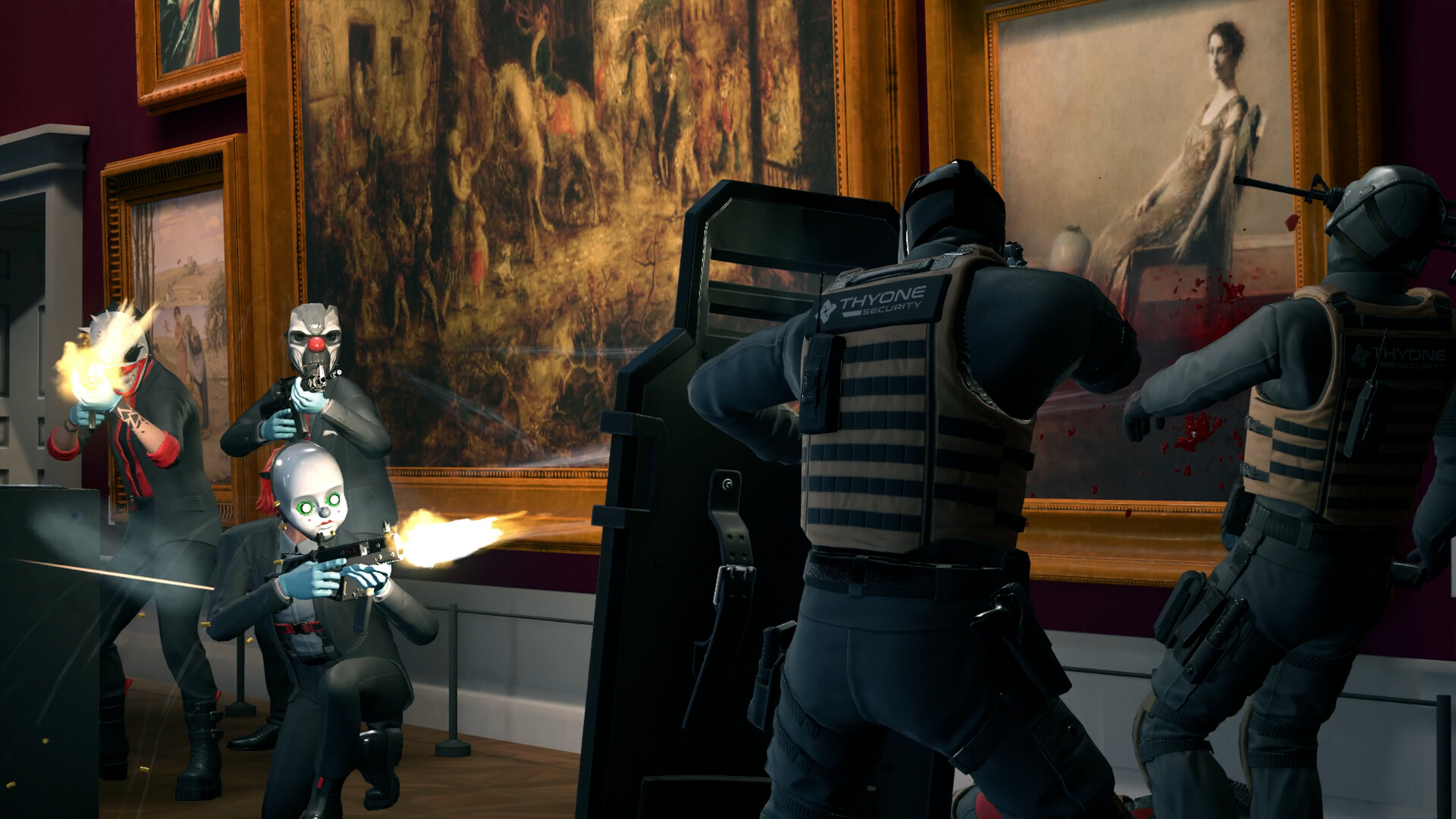 Three masked heisters in suits exchange fire with shielded Thyone Security officers inside a museum gallery hung with gilded oil paintings
