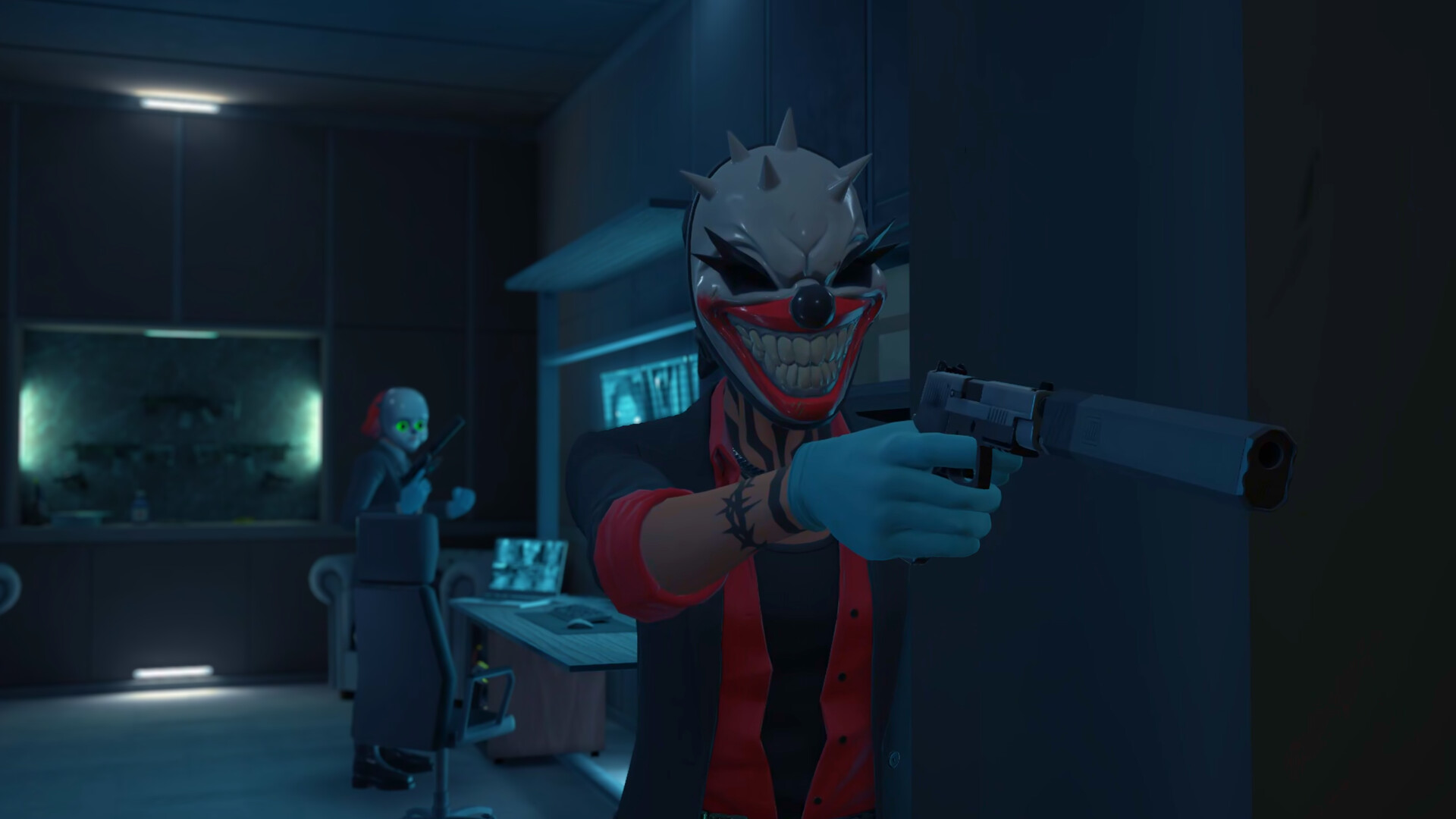 A heister in a spiked clown mask aims a suppressed pistol around a doorway in a dark office while a second heister stands in the room behind