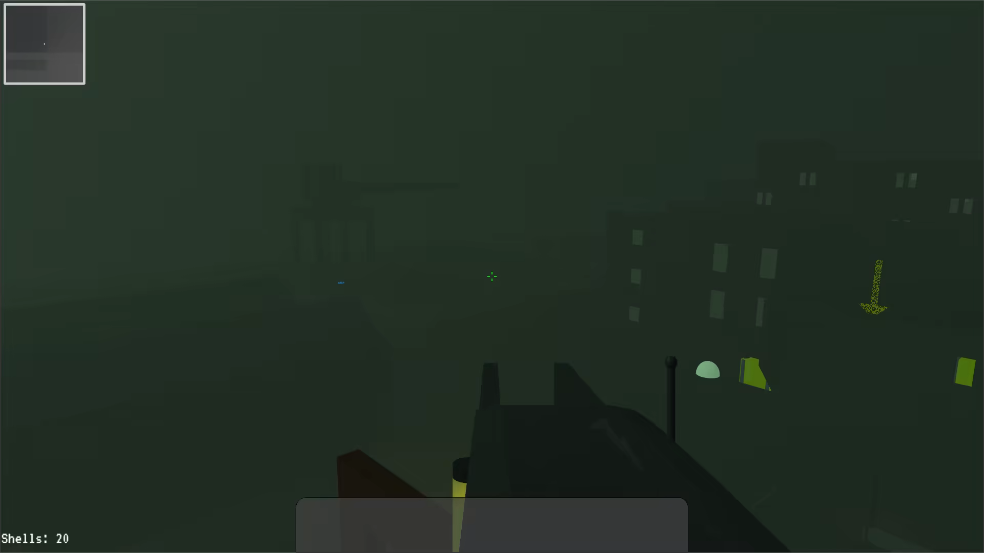 Peering over the player's gun sights during a foggy night in an abandoned city. Their night vision goggles are turned on. A minimap appears in the top-left corner.
